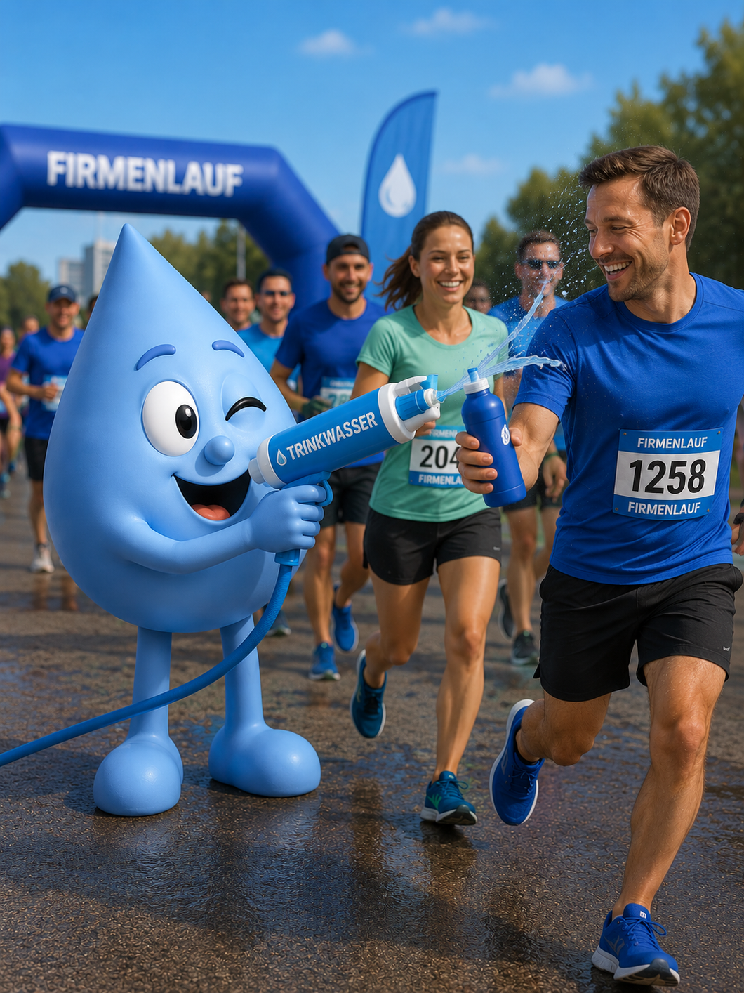 Firmenlauf Wasserstelle: Visualisiert durch KI... Aqualino erfrsicht Läufer mit einer Spritzpistole beim Firmenlauf